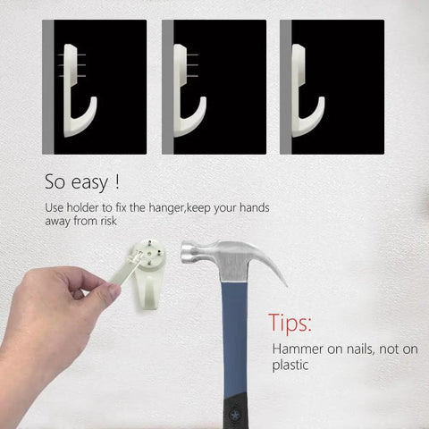 Installing No Trace Picture Hangers For Concrete And Drywall 25 Pack Invisible Nail Hangers using a hammer and included holder