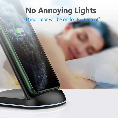 Slick Wireless Charging Stand With Three Charging Modes Seven Point Five Watt And Ten Watt Fast Power For iPhone beside sleeping person