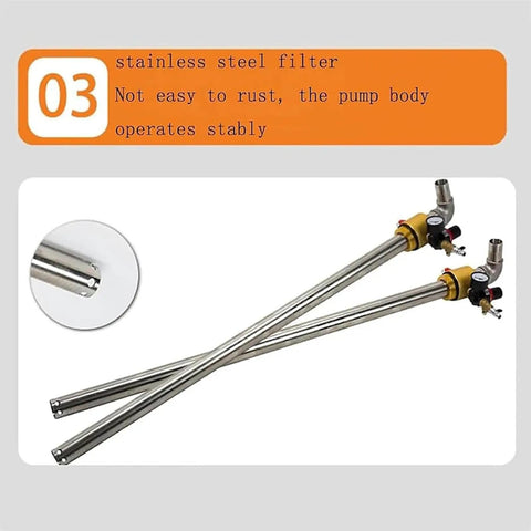 High-Flow Air Operated Drum Pump With Stainless Steel Construction For Efficient Diesel, Hydraulic Oil And Water Transfer Includes Pressure Gauge And Safety Valve 130L Min Speed stainless steel filter and pump body for stable operation.