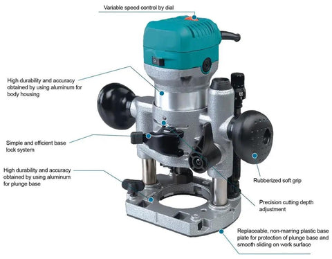 Compact Wood Router Kit With Trim Base And Plunge Tilt 710W Power One Quarter Inch Shank with diagram labels