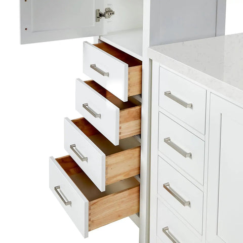 Top Notch 68 Inch Bathroom Vanity Set Packs 48 Inch Single Sink Base And 20 Inch Linen Cabinet Built Tough From Solid Wood With Smooth Water Resistant Finish Plus Sleek Carrara White Quartz Countertop Storage showing white drawers with smooth finish.