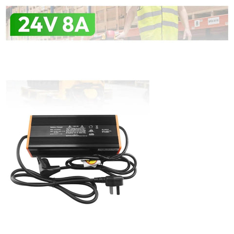 Pro Grade 24V 8A Lithium Battery Charger Compatible With Noblift Edge PTE15N Electric Pallet Jack on a white background.