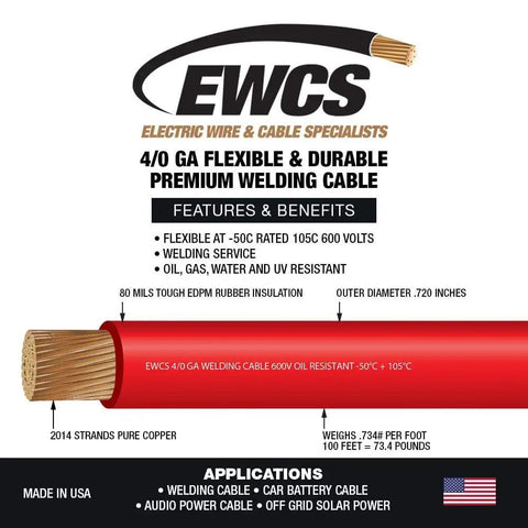 4/0 Gauge Red Welding Cable, 25 Feet, Premium Industrial Grade, Extra Flexible 600 Volt Wire, 100 Percent Copper, Rated Minus Fifty To One Hundred Five Celsius, Heavy Duty Welding Cable for MIG TIG ARC detailed view