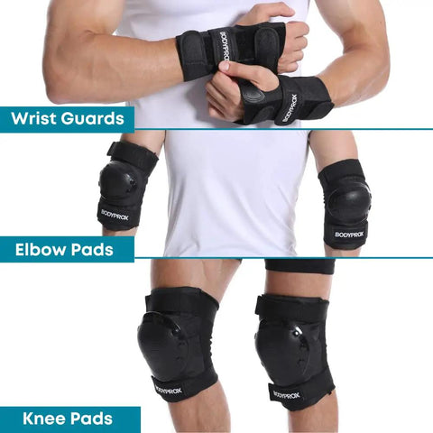Person wearing Knee Pads Elbow Pads Wrist Guards Set For Skateboarding Roller Derby BMX Riding And Inline Skating with hard shell