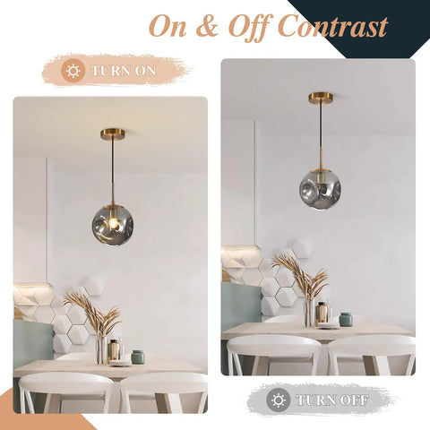Brass Gold Globe Pendant Light Lit With Smoke Gray Glass Shade Mid Century Modern Ceiling Hanging Fixture On and Off View