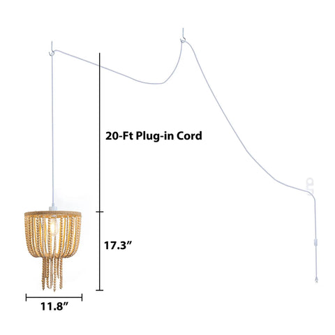 16 Inch Modern Drum Pendant Light With Fabric Shade Rustic Hanging Drum Chandelier Boho Style Plug In Fixture Handmade Wood Bead Accents Creates Cozy Ambient Vibe Shadows For Dining Room Living Room Kitchen And Bedroom, shown with 20-ft plug-in cord and dimensions