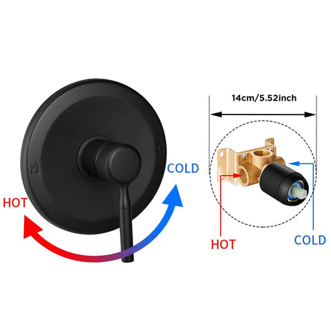 Sleek Matte Black Shower Head And Faucet Trim Kit Featuring Six Inch High Pressure Rainfall Spray And Smooth Single Handle Mixer Valve For Major Bathroom Glow Ups showing the mixer valve and handle with hot and cold markings.