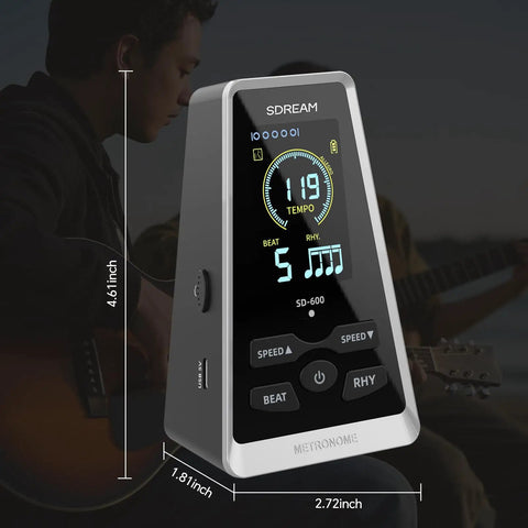 Digital LCD Metronome For Piano Guitar Drums Violin Ukulele Practice With Adjustable Tempo And Beat showing LCD display