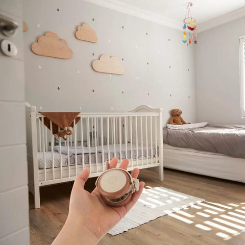 Flex Ride Caster Wheels With Secure Safety Brakes Whisper Soft Swivel Rubber Furniture Casters Lock Down Roll For Baby Bed Cart And Table Universal Fit Zero Hassle displayed in a nursery setting.