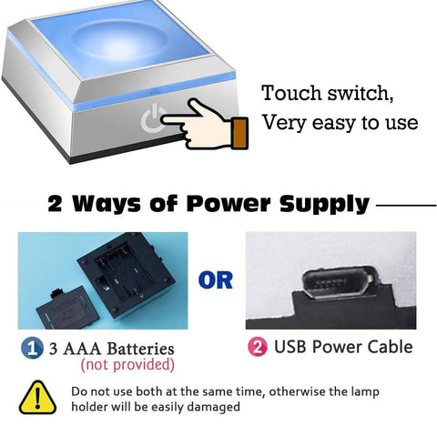 Touch switch detail of rounded LED base for 3D laser crystal engravings with power supply options.