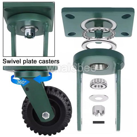 Solid As A Rock Heavy Duty Caster Set Of Four With Swivel Plate Locks And Fixed Mounts Using Thick Rubber Tires, detailed showing the swivel plate.