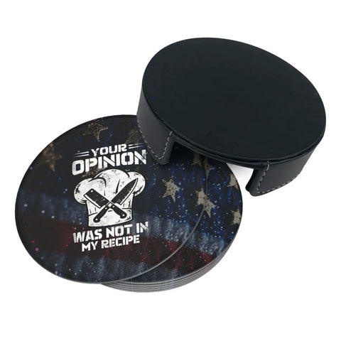 Leather Coasters Set With Holder, 6 Pcs Round Microfiber PU Leather Drink Coasters with humorous design, table protection.