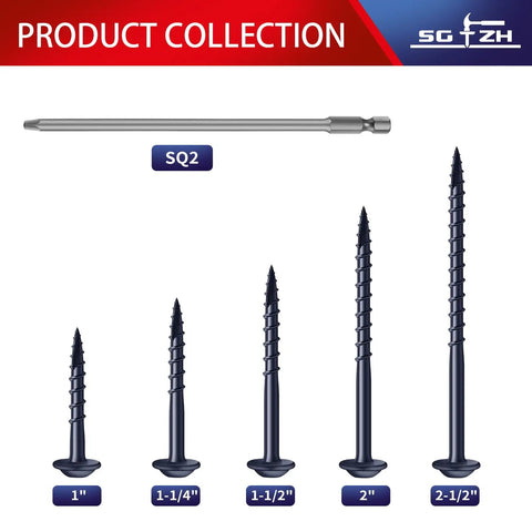 Different sizes of pocket hole screws with SQ2 drive bit, showcasing various lengths and coarse threads for woodworking.
