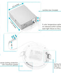 Lit Ultra Thin 4 Inch LED Recessed Light Kit With J Box 12W details and dimensions with gasket and spring clips shown