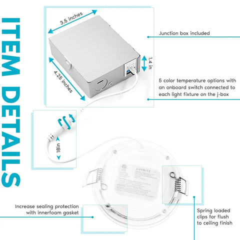 Lit Ultra Thin 4 Inch LED Recessed Light Kit With J Box 12W details and dimensions with gasket and spring clips shown
