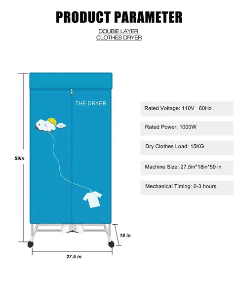 Front view of Portable Clothes Dryer 110V 1000W Electric Dryer with Double Layer Stackable Stainless Steel Design, 15kg Capacity