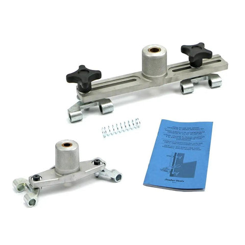 Knuckle Buster Proof Precision Door Bore Mortiser Master Kit with metal guides and instructions for precision wood cutting.