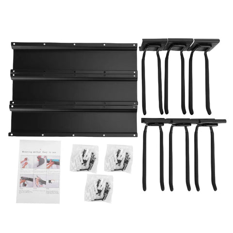 Heavy Duty Wall Mounted Garage Tool Organizer Rack With Adjustable Hooks And Tough Steel Frame parts and assembly instructions laid out.