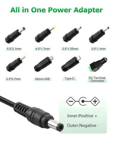 Eight interchangeable tips for 5V 4A Power Supply Adapter 20W AC DC Charger 100V 240V Input To DC 5V 4A Output