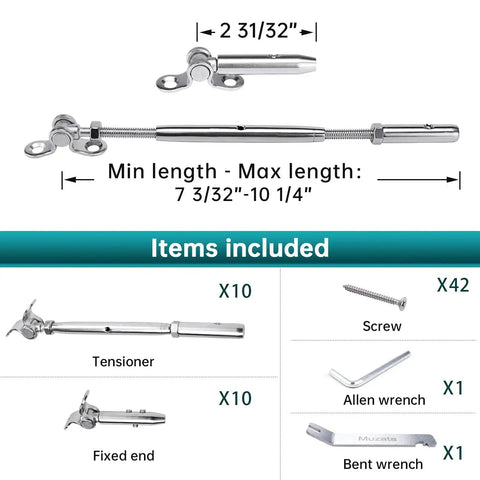 Swageless Cable Railing Kit For Wood Posts With One Eighth Inch Toggle Turnbuckles T316 Stainless Steel components layout