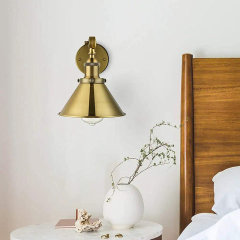 2 Pack Swing Arm Wall Light With Adjustable Brass Finish Sconce And Cone Shade Industrial Vintage Wall Lamp in bedroom