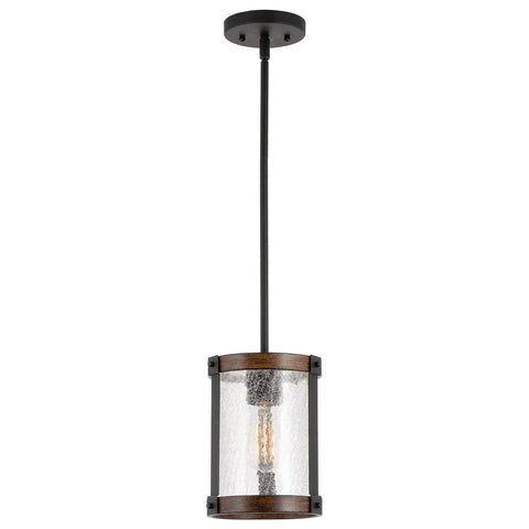 9 Inch Rustic Farmhouse Pendant Light with crackle glass shade and walnut wood finish, hand painted metal frame black hardware