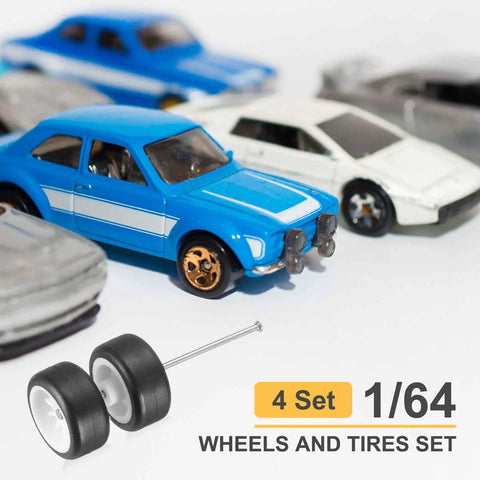 Four Pack 1 By 64 Scale Wheels And Tires Set With Real Riders Rims White 10-Spoke Design Includes Axles for RC cars displayed