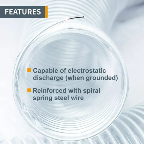 Close-up of 2.5 Inch Flexible Dust Collection Hose 20 Ft Left Spiral PVC Vacuum Hose showing spring steel reinforcement details