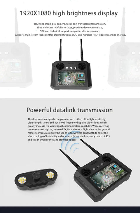 Remote control displaying 2.4GHz 12 Channel 1080P Digital Video Transmission Transmitter For Android Drone Remote Control With H12