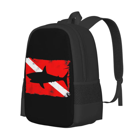 Vintage Shark Scuba Dive Flag Backpack For Unisex, lightweight polyester with HD shark print, black with side mesh pockets