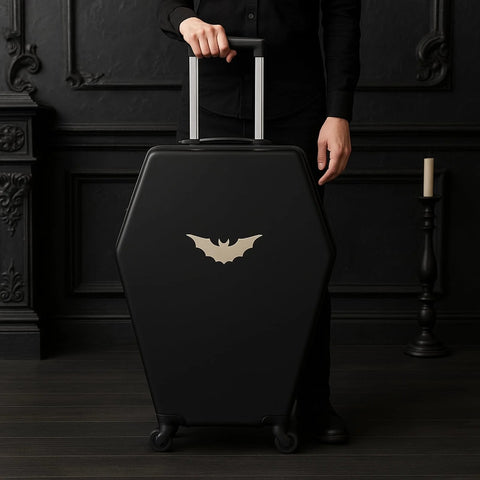 gothic coffin carry-on luggage with bat design and spinner wheels