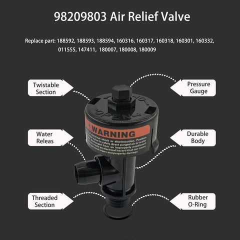 Dicsley manual air relief valve with pressure gauge for pool and spa filters; black plastic body