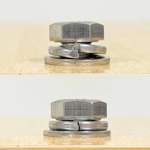 Acorn nut and lock washer pair demonstrating secure fastening with 100-Piece M6 Stainless Steel Spring Lock Washer Set For Rock Solid Fastening And Vibration Resistance, Corrosion-Resistant 304 Grade Washers For Auto, Bike, Machinery, Furniture, And Home Projects.