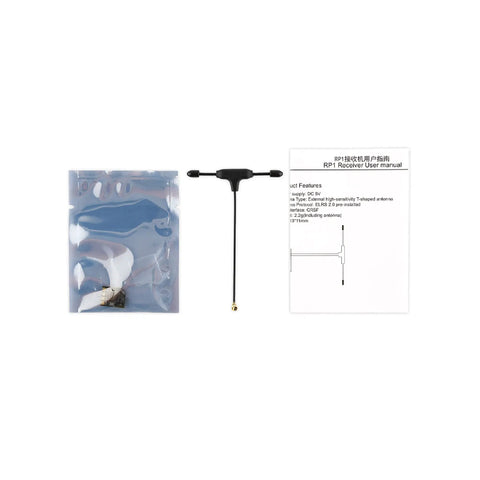 RP1 ExpressLRS FPV Receiver 2.4GHz Nano RX Module with 65mm UFL T Antenna, packaging, and user manual displayed