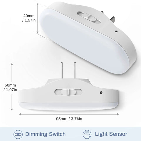 Dimensions of Led Night Light Easy Plug In Wall 2 Pack With Dusk To Dawn Sensor Dimmable 0 To 100 Lumens 5000K Soft White