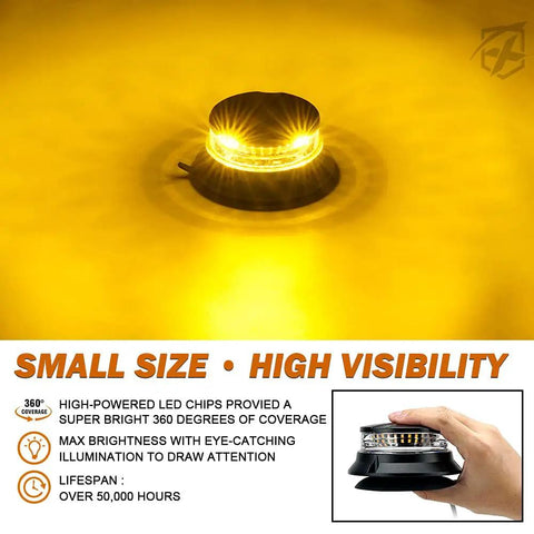 Hella Bright 4.5 Inch Amber LED Warning Beacon With Rock Solid Magnetic Mount, 360 Degree Street Safe Flasher For Forklifts Trucks And Work Vans, 12-24V on yellow background.