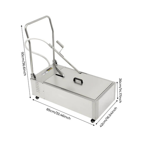 Heavy Duty 55L Mobile Fryer Oil Filter Machine With Cart Commercial Frying System For Restaurants Foldable Stainless Steel Filter Unit 110V, dimensions shown.