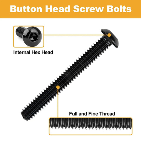 Button head screw bolts showing internal hex head and full fine thread, part of the 210-Piece Button Head Socket Cap Bolts Set