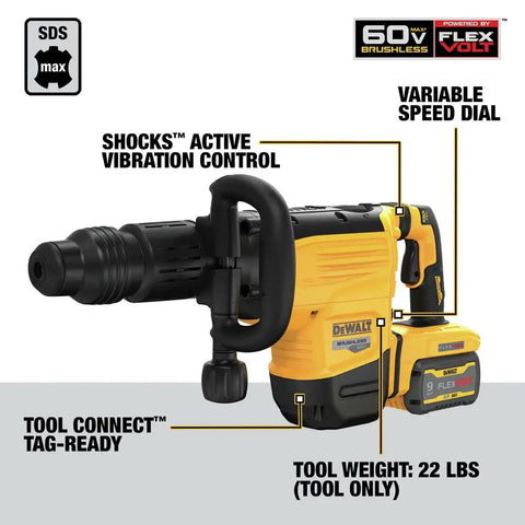 Badass 60V Max Cordless SDS Max Chipping Hammer Kit With Killer Impact Energy Active Vibration Control And Wireless Dust Extractor Sync showing brushless motor, tool controls, and weight details.