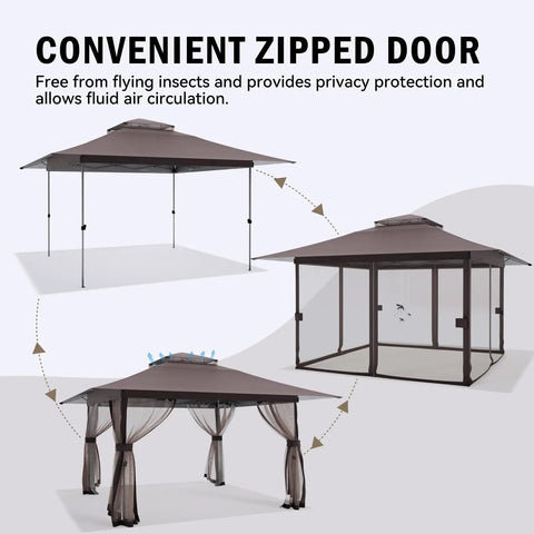 13x13 Outdoor Gazebo With Mosquito Netting And Double Roof Pop Up Canopy Tent On Wheels With Wheeled Carry Bag shown in stages