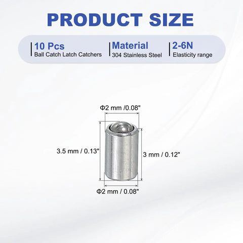 Top Shelf 304 Stainless Steel Ball Plunger Set Heavy Duty Cabinet Catch detail with dimensions and material info.