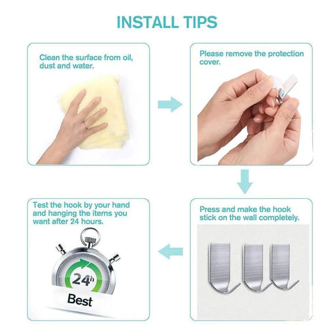 Installation guide showing steps to apply Stick On Hat Hooks For Wall Baseball Cap Rack Stainless Steel Waterproof Adhesive Hooks Heavy Duty Hold Up To 4 Lbs No Drill Easy Install 20 Pack Keeps Your Caps Neatly Hung And Ready To Grab on a clean surface.