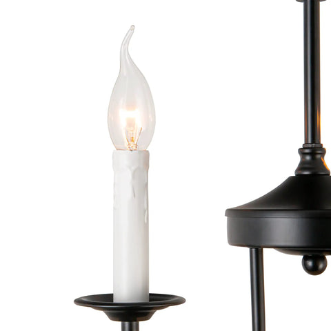 Close-up of a candle-style bulb on the Three Light Farmhouse Candle Style Chandelier For Entryways, Dining Rooms, And Kitchen Islands