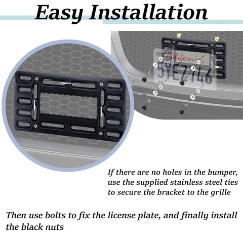Front License Plate Mounting Bracket with hardware and zip ties installed on car bumper for easy installation