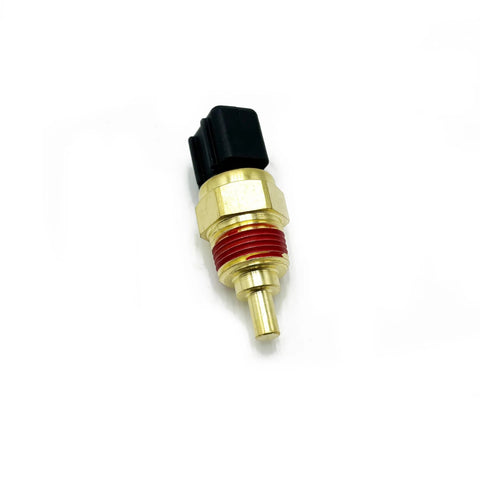 Mteycei engine coolant temperature sensor; brass threaded body, red O-ring, black plastic connector (angled view).