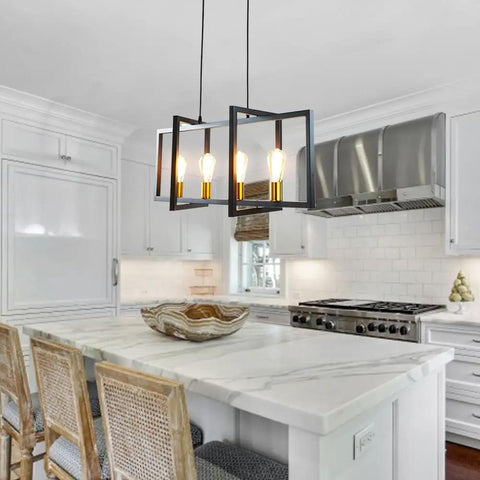 Four Light Kitchen Island Pendant Light Modern Industrial Chandelier In Matte Black With Antique Brass Finish Geometric Ceiling Fixture Over Marble Kitchen Island