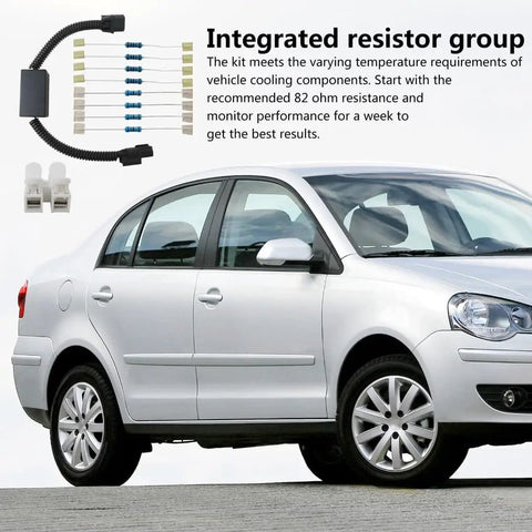 VCM Muzzler Harness Disable Kit For Honda And Acura 2013 And Up displayed with white car, includes resistors and components
