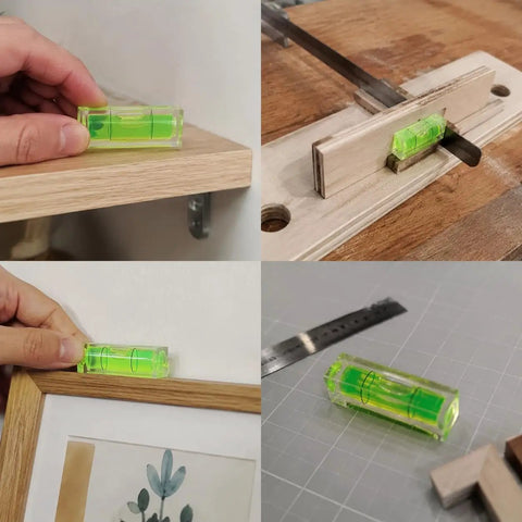 Bubble Level Vial, Spirit Level in green used for leveling shelves and DIY projects, showing clear bubble view on wood.