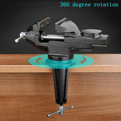 Beefy Clamp On Vise For Home Workshop With 3.0 Inch Jaw Opening on wooden table showcasing 360 degree rotation feature