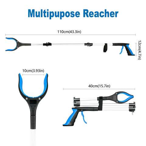 Ultra Long 43 Inch Grabber Reacher Tool With Foldable Design, No Sweat Magnetic Grip, 360 Degree Rotating Anti Slip Jaw, Great For Seniors, Indoor And Outdoor Use, Blue